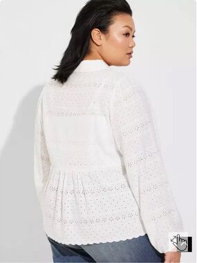 Torrid Eyelet Button-Up Long Sleeve Shirt Blouse Embroidery Plus Size 3/4 White